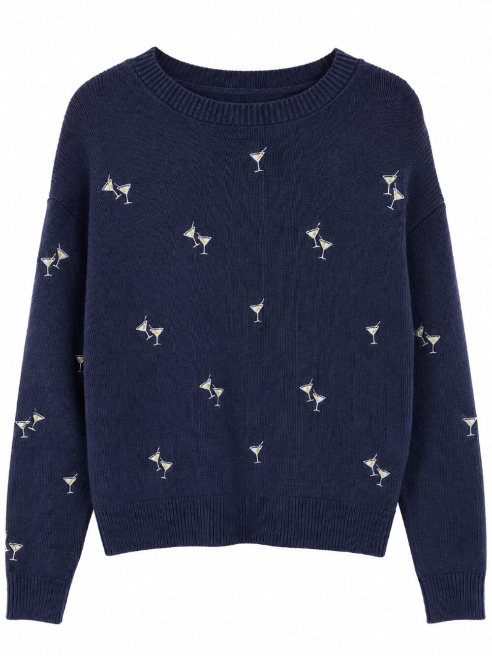 Lucky Brand Martini Cocktail Embroidered Knit Sweater Women's Size M Navy Blue